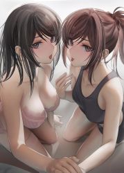 Rule 34 | 2girls, :p, bare arms, bare shoulders, black hair, black shirt, black shorts, blush, bra, breasts, brown eyes, brown hair, cleavage, collarbone, gradient background, hair between eyes, hand on own thigh, hand up, highres, holding hands, kneeling, lace, lace bra, lace panties, large breasts, long hair, looking at viewer, midriff, multiple girls, nanaken nana, original, panties, pink bra, pink panties, ponytail, second-party source, shirt, short shorts, shorts, sidelocks, sleeveless, sleeveless shirt, small breasts, straight hair, strapless, strapless bra, swept bangs, tank top, thighhighs, thighs, tongue, tongue out, underwear, underwear only