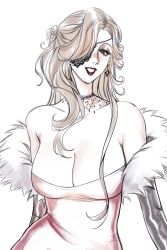 Rule 34 | 1girl, absurdres, alternate costume, bare shoulders, black lips, breasts, choker, cleavage, commentary, dress, earrings, elbow gloves, eyepatch, fur trim, genshin impact, gloves, grey eyes, grey hair, grin, highres, jewelry, large breasts, leo (ghouleo), long hair, looking at viewer, off shoulder, signora (genshin impact), simple background, smile, solo, strapless, strapless dress, upper body, very long hair, white background