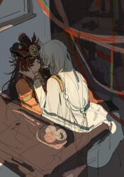 Rule 34 | 2girls, brown hair, closed eyes, closed mouth, commentary, du ruo (path to nowhere), earrings, hand on another&#039;s face, highres, indoors, jewelry, long hair, low-tied long hair, multiple girls, orange robe, path to nowhere, robe, sleeping, tooong4, white hair, white robe, yao (path to nowhere), yuri