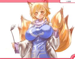 Rule 34 | 1girl, animal ears, blonde hair, blush, breasts, female focus, fox ears, fox tail, hand on another&#039;s chest, huge breasts, multiple tails, sachito, short hair, solo, tail, touhou, white background, yakumo ran, yellow eyes