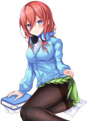 Rule 34 | 1girl, :t, absurdres, bad id, bad pixiv id, black pantyhose, blue eyes, blue sweater, book, breasts, cardigan, commentary request, go-toubun no hanayome, green skirt, hair between eyes, headphones, headphones around neck, highres, large breasts, looking at viewer, nakano miku, neon (hhs9444), pantyhose, pout, red hair, sitting, skirt, sweater, white background, yokozuwari