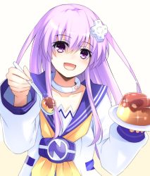 Rule 34 | 1girl, collar, collarbone, commentary request, d-pad, d-pad hair ornament, doria (p f dolia), dress, food, hair between eyes, hair ornament, holding, holding plate, holding spoon, long hair, long sleeves, looking at viewer, neckerchief, nepgear, neptune (series), open mouth, plate, pudding, purple eyes, purple hair, sailor collar, sailor dress, school uniform, serafuku, sidelocks, simple background, smile, solo, sparkle, spoon, white background, white dress, yellow neckerchief