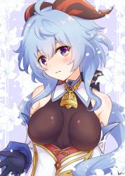 Rule 34 | 1girl, ahoge, bare shoulders, bell, black bodysuit, blue hair, blush, bodice, bodystocking, bodysuit, breasts, brown bodysuit, chinese knot, commentary request, cowbell, detached sleeves, flower, flower knot, ganyu (genshin impact), genshin impact, goat horns, horns, kimukimu, leotard, leotard under clothes, long hair, looking at viewer, low ponytail, medium breasts, outstretched hand, parted lips, purple background, purple eyes, smile, solo, upper body