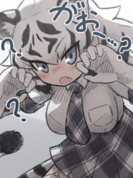 Rule 34 | animal ears, animal print, black gloves, black hair, blush, breast pocket, claw pose, close-up, collared shirt, commentary request, da (bobafett), elbow gloves, fang, garter straps, gloves, grey necktie, grey skirt, kemono friends, multicolored hair, necktie, open mouth, plaid, plaid necktie, plaid skirt, pleated skirt, pocket, print gloves, shirt, short hair, skirt, solo, tail, thighhighs, tiger ears, tiger girl, tiger print, tiger tail, translation request, two-tone gloves, two-tone hair, white gloves, white hair, white shirt, white tiger (kemono friends), zettai ryouiki
