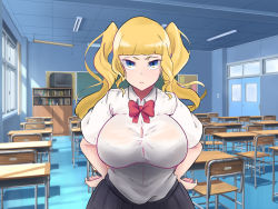Rule 34 | 1girl, blonde hair, blunt bangs, bookshelf, bow, bowtie, breasts, breasts apart, ceiling, chair, classroom, closed mouth, cowboy shot, day, desk, door, floor, hands on own hips, highres, indoors, junshain inoue, large breasts, long hair, looking at viewer, multicolored eyes, original, school uniform, serious, shirt, skirt, solo, standing, sunlight, television, thick eyebrows, twintails, white shirt, window