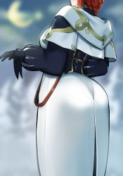 Rule 34 | 1girl, absurdres, ass, back, blurry, blurry background, breasts, capelet, crescent moon, depth of field, dress, fate/grand order, fate (series), highres, hood, hood down, large breasts, long hair, long sleeves, miss crane (fate), moon, night, night sky, pantylines, puffy sleeves, red hair, shinssee, sky, solo, white capelet, white dress