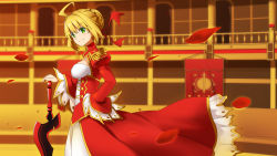 Rule 34 | 10s, 1girl, aestus estus, ahoge, bad id, bad nicoseiga id, blonde hair, breasts, fate/extra, fate (series), green eyes, hair ribbon, hand on hilt, hand on own hip, highres, looking at viewer, nero claudius (fate), nero claudius (fate) (all), nero claudius (fate/extra), petals, ribbon, smile, solo, sword, weapon, wind, yakitori (oni)