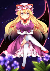 Rule 34 | 1girl, absurdres, blonde hair, blush, breasts, choker, cleavage, closed mouth, commentary request, crossed legs, dot nose, dress, elbow gloves, eyelashes, flower, frilled dress, frilled sleeves, frills, gap (touhou), gloves, hair ribbon, hat, hat ribbon, high heels, highres, invisible chair, large breasts, leaf, light smile, long hair, looking at viewer, mob cap, own hands together, puffy short sleeves, puffy sleeves, purple dress, purple eyes, purple flower, red choker, red footwear, red ribbon, ribbon, ribbon choker, ruhika, short sleeves, sitting, solo, thighhighs, touhou, tress ribbon, white gloves, white thighhighs, yakumo yukari