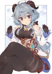 Rule 34 | 1girl, absurdres, ahoge, armor, bare shoulders, bell, black bodysuit, black pantyhose, blue hair, blush, bodysuit, bow, breasts, cowbell, crossed legs, detached sleeves, ganyu (genshin impact), genshin impact, hands up, highres, horns, invisible chair, kannagiray, long hair, looking at viewer, low ponytail, medium breasts, pantyhose, purple eyes, simple background, sitting, solo, thighs