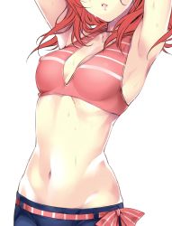 Rule 34 | 10s, 1girl, armpits, arms up, breasts, cleavage, collarbone, cowboy shot, hario 4, head out of frame, highres, lips, love live!, love live! school idol project, medium breasts, medium hair, midriff, navel, nishikino maki, parted lips, red hair, simple background, solo, sweat, unfinished, white background