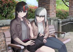 2girls animal animal_on_lap bench black_cat black_hair black_shorts blue_pants blunt_bangs breasts brick brown_coat brown_eyes brown_jacket cat closed_mouth coat colored_tips commentary_request day earrings eating food food_request grey_shirt hair_between_eyes highres holding holding_food inago_akira jacket jewelry jouhou long_hair long_sleeves medium_breasts multicolored_hair multiple_girls on_bench on_lap open_clothes open_coat open_jacket outdoors pants parted_lips petting photo_background plant satsuki_yomi shirt shorts sitting skirt streaked_hair toji_no_miko tree white_hair