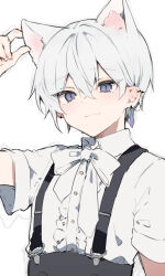 Rule 34 | 1boy, :3, animal ear fluff, animal ears, blue eyes, blush, bow, bowtie, cat boy, cat ears, closed mouth, collared shirt, ear piercing, earrings, hair between eyes, hand on own ear, ikeuchi tanuma, jewelry, looking at viewer, male focus, neck ribbon, original, piercing, ribbon, shirt, short hair, short sleeves, simple background, single earring, smile, solo, strap, suspenders, upper body, white background, white hair, white shirt