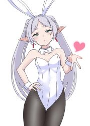 Rule 34 | 1girl, absurdres, animal ears, blowing kiss, bow, bowtie, breasts, detached collar, earrings, elf, frieren, green eyes, grey hair, hand on own hip, highres, jewelry, leotard, long hair, looking at viewer, pantyhose, playboy bunny, pointy ears, puchimosu (mosu1427), rabbit ears, simple background, small breasts, solo, sousou no frieren, strapless, strapless leotard, thigh gap, twintails, white background, white bow, white leotard, wrist cuffs