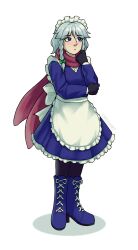Rule 34 | 1girl, absurdres, apron, black gloves, black pantyhose, blue dress, blue eyes, blue footwear, boots, braided sidelock, cactyysart, commentary, dress, english commentary, full body, gloves, highres, izayoi sakuya, looking to the side, maid apron, maid headdress, pantyhose, purple scarf, scarf, simple background, solo, standing, touhou, white background, white hair