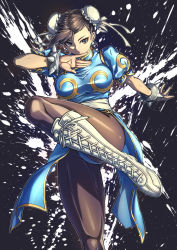 Rule 34 | 1girl, absurdres, boots, bracelet, breasts, brown hair, bun cover, capcom, chinese clothes, chun-li, combat boots, cross-laced footwear, double bun, earrings, eyeshadow, fighting stance, fish.boy, hair bun, highres, jewelry, lace-up boots, large breasts, leg up, makeup, pantyhose, pearl earrings, red eyeshadow, solo, spiked bracelet, spikes, street fighter, thick thighs, thighs, white footwear