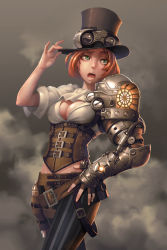Rule 34 | 1girl, breasts, buckle, cleavage, corset, cowboy shot, hat, hat tip, holster, ikegami noroshi, mechanical arms, medium breasts, original, pants, red hair, short hair, single mechanical arm, solo, steampunk, top hat