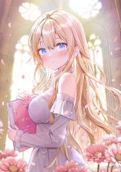 Rule 34 | 1girl, akasaka asa, bare shoulders, blonde hair, blue eyes, blurry, blush, bokeh, book, breasts, choker, commentary request, depth of field, dress, earrings, falling petals, floating hair, floral background, frilled choker, frilled sleeves, frills, hair between eyes, highres, holding, holding book, indoors, jewelry, light particles, long hair, long sleeves, looking at viewer, medium breasts, off-shoulder dress, off shoulder, original, petals, solo, sunlight, upper body, wavy hair, wind, window