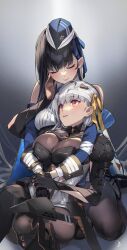 Rule 34 | 2girls, 92m, armored legwear, bandaged head, bandages, black bodysuit, black gloves, black hair, blue headwear, blue ribbon, bodysuit, breasts, cleavage, closed eyes, closed mouth, commentary, gloves, goddess of victory: nikke, gradient background, grey background, hair ribbon, hand on another&#039;s cheek, hand on another&#039;s face, highres, large breasts, long sleeves, looking at another, lying on person, marian (nikke), modernia (nikke), multiple girls, parted bangs, red eyes, ribbon, simple background, skin tight, smile, symbol-only commentary, white hair, yellow ribbon