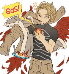 Rule 34 | !, 1boy, blonde hair, boku no hero academia, breakfast, cellphone, costume, dressing, earrings, egg (food), eyeliner, facial hair, facial mark, feathered wings, feathers, floating, floating object, food, food on face, fork, fur-trimmed jacket, fur trim, goatee, hawks (boku no hero academia), holding, holding phone, holding plate, jacket, jewelry, kadeart, looking at phone, makeup, male focus, mouth hold, phone, plate, raised eyebrow, red feathers, red wings, sausage, shirt, short hair, short sleeves, simple background, skin tight, smartphone, solo, speech bubble, spoken exclamation mark, stubble, stud earrings, telekinesis, tight clothes, tight shirt, toned, toned male, white background, wings, yellow eyes