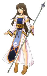 Rule 34 | 1girl, :o, black hair, blush, detached sleeves, dress, flat chest, full body, gensou suikoden, gensou suikoden v, green eyes, hozumi riya, japanese clothes, jewelry, legs, long hair, lowres, necklace, obi, official art, open mouth, pendant, rope, sash, shoes, side slit, solo, staff, standing, transparent background, viki, viki (suikoden)