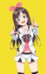 Rule 34 | 1girl, aqua eyes, arm warmers, black ribbon, blue eyes, blush, bow, breasts, brown hair, collarbone, eyelashes, female focus, frilled sleeves, frilled thighhighs, frills, hair bow, hairband, head tilt, highres, kizuna ai, kizuna ai inc., long hair, looking at viewer, medium breasts, midriff peek, motion lines, multicolored hair, navel, open mouth, pink bow, pink hair, ribbon, sailor collar, short shorts, shorts, simple background, smile, smug, solo, standing, streaked hair, thighhighs, tomato (lsj44867), two-tone hair, vest, virtual youtuber, white shorts, white vest, yellow background