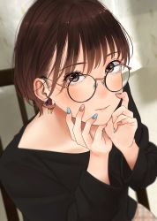 Rule 34 | 1girl, black-framed eyewear, black shirt, blurry, blurry background, blush, brown eyes, brown hair, chair, earrings, glasses, hands on own face, hands up, highres, jewelry, long sleeves, looking at viewer, looking up, mole, mole under eye, nail polish, original, parted lips, round eyewear, saitou (lynx-shrike), shirt, short hair, sitting, solo
