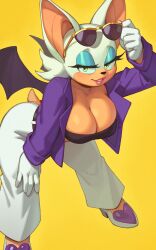Rule 34 | 1girl, animal ears, bat ears, bat girl, bat wings, breasts, cleavage, eyeshadow, furry, furry female, gloves, green eyes, highres, large breasts, lips, looking at viewer, makeup, riz, rouge the bat, smile, solo, sonic (series), sunglasses, sunglasses on head, the murder of sonic the hedgehog, white gloves, white hair, wings