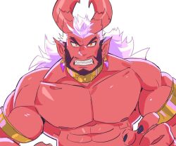 Rule 34 | 1boy, abs, armlet, bara, beard, black nails, clenched teeth, curled horns, demon (saltypoundcake), earrings, facial hair, frown, full beard, gem, gold, horns, jewelry, large pectorals, long hair, looking at viewer, male focus, mature male, muscular, muscular male, nipples, original, pectorals, pendant, purple gemstone, saltypoundcake, solo, teeth, thick eyebrows, upper body