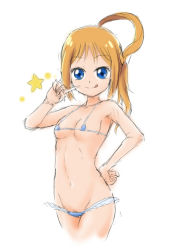 Rule 34 | 1girl, :q, bikini, blue eyes, breasts, brown hair, finger to mouth, fukuhara ann, hand on own hip, jouwan, long hair, looking at viewer, micro bikini, navel, pretty series, pretty rhythm, simple background, small breasts, smile, solo, star (symbol), swimsuit, tongue, tongue out, white background