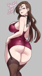 Rule 34 | 1girl, agawa ryou, artist name, ass, breasts, brown hair, commentary, curvy, english commentary, grey background, large breasts, lipstick, long hair, looking at viewer, looking back, makeup, original, signature, simple background, skindentation, solo, thick thighs, thighhighs, thighs