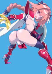 Rule 34 | 1boy, :d, anus, armor, armored boots, ass, astolfo (fate), bikini armor, black bow, black gloves, black thighhighs, blue background, boots, bow, braid, broadsword, bulge, cape, clover (hi-per pinch), commentary request, cosplay, crossdressing, elbow gloves, elizabeth bathory (brave) (fate), elizabeth bathory (brave) (fate) (cosplay), elizabeth bathory (fate), erection, eyelashes, eyes visible through hair, fang, fate/apocrypha, fate (series), flat chest, from behind, gloves, hair between eyes, hair bow, hair intakes, high heel boots, high heels, holding, holding shield, holding sword, holding weapon, knee boots, legs apart, long hair, looking at viewer, looking back, male focus, multicolored hair, nipples, open mouth, pauldrons, penis, perineum, pink hair, purple eyes, red armor, red footwear, shield, shoulder armor, simple background, single braid, smile, solo, spiked boots, streaked hair, sword, testicles, thighhighs, trap, twisted torso, two-tone hair, v-shaped eyebrows, vambraces, wardrobe malfunction, weapon, white cape, white hair, wide stance