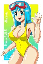 Rule 34 | 1girl, artist request, bare shoulders, blue eyes, blue hair, bouncing breasts, breasts, casual one-piece swimsuit, cleavage, curvy, derivative work, diving mask, diving mask on head, dragon ball, dragonball z, goggles, goggles on head, happy, highleg, highleg swimsuit, highres, large breasts, long hair, looking at viewer, maron (dragon ball), maron redraw challenge (meme), meme, meme attire, one-piece swimsuit, salute, screenshot redraw, shiny skin, smile, swimsuit, wide hips, yellow one-piece swimsuit