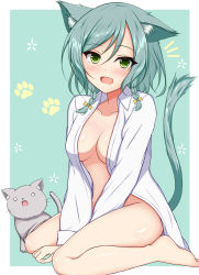 Rule 34 | 10s, 1girl, animal, animal ear fluff, animal ears, bang dream!, barefoot, blush, bottomless, braid, breasts, cat, cat ears, cat girl, cat tail, collared shirt, commentary request, fang, green eyes, green hair, hair between eyes, hikawa hina, kemonomimi mode, long hair, looking at viewer, medium breasts, naked shirt, no bra, open clothes, open mouth, open shirt, revision, shirt, sitting, solo, sonosakiburi, tail, twin braids, wariza, white shirt
