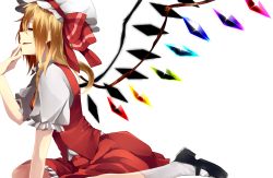 Rule 34 | 1girl, arm support, ascot, asymmetrical wings, blonde hair, dress, flandre scarlet, from side, hair between eyes, hand to own mouth, hat, highres, kneeling, looking at viewer, mary janes, mob cap, natsumura amata, puffy short sleeves, puffy sleeves, red dress, red eyes, shoes, short hair, short sleeves, simple background, smirk, solo, touhou, white background, wings