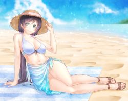 Rule 34 | 10s, 1girl, aqua eyes, arm at side, arm support, beach, bikini, blanket, blue sky, blurry, blush, breasts, cleavage, closed mouth, cloud, day, depth of field, eyebrows, frilled bikini, frills, full body, hair ornament, hair scrunchie, hand on headwear, hat, hat ribbon, large breasts, legs, lens flare, long hair, looking at viewer, love live!, love live! school idol project, low twintails, navel, noppi (noppi 98), ocean, outdoors, plant, purple hair, ribbon, sand, sandals, sarong, scrunchie, sitting, sky, smile, solo, sparkle, stomach, straw hat, string, striped, summer, swimsuit, tojo nozomi, twintails, very long hair, white background, yokozuwari