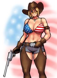 Rule 34 | 1girl, abigail fahrenheit, american flag bikini, american flag print, belt, bikini, bikini top only, blonde hair, blue eyes, blurry, blurry background, breasts, brown belt, brown gloves, brown hat, brown legwear, chaps, cleavage, cowboy hat, erkaz, feet out of frame, flag print, gloves, grey shorts, gun, handgun, hat, highres, holding, holding gun, holding weapon, huge breasts, jewelry, magnum research, magnum research bfr, necklace, one eye closed, original, pistol, print bikini, revealing clothes, revolver, rifle-caliber handgun, rifle-caliber revolver, short hair, shorts, solo, sunglasses, swimsuit, underboob, weapon