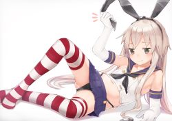Rule 34 | 1girl, anchor hair ornament, black eyes, black neckerchief, black panties, blonde hair, blue skirt, blush, commentary request, dx (dekusu), elbow gloves, gloves, hair ornament, hairband, highleg, highleg panties, kantai collection, long hair, lying, miniskirt, navel, neckerchief, no shoes, on side, panties, pleated skirt, sailor collar, school uniform, serafuku, shimakaze (kancolle), sidelocks, simple background, skirt, smile, solo, striped clothes, striped thighhighs, thighhighs, underwear, white background, white gloves