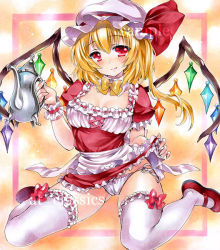 Rule 34 | 1girl, alternate costume, artist name, at classics, blonde hair, blush, bow, bow legwear, bow panties, bowtie, breasts, cameltoe, cleavage, clothes lift, enmaided, fang, flandre scarlet, frilled thighhighs, frills, hat, kneeling, lace, lace-trimmed panties, lace trim, long hair, looking at viewer, maid, mary janes, panties, red eyes, sample watermark, shoes, side-tie panties, side ponytail, skirt, skirt lift, smile, solo, teapot, thighhighs, touhou, underwear, upskirt, watermark, white panties, white thighhighs, wings