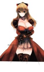Rule 34 | 10s, 1girl, armor, black bow, black eyes, black thighhighs, blonde hair, bow, breast hold, breasts, cleavage, collarbone, dress, gauntlets, granblue fantasy, hair bow, highres, kojima (blue stardust), large breasts, long hair, looking at viewer, pauldrons, ponytail, short dress, shoulder armor, sidelocks, solo, thighhighs, vira (granblue fantasy), zettai ryouiki