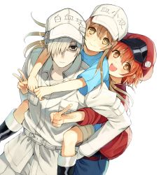 Rule 34 | 10s, 1boy, 2girls, ae-3803, black hair, blush, brown eyes, brown hair, cabbie hat, carrying, clothes writing, colored skin, commentary request, flat cap, hair over one eye, hat, hataraku saibou, kurodeko, long sleeves, looking at viewer, multiple girls, open mouth, platelet (hataraku saibou), red blood cell (hataraku saibou), red hair, shirt, short sleeves, shorts, simple background, smile, u-1146, v, white background, white blood cell (hataraku saibou), white hair, white skin