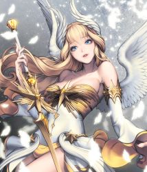 Rule 34 | 1girl, alternate costume, blonde hair, blue eyes, breasts, card (medium), chaos online, cowboy shot, feathered wings, feathers, head wings, long hair, looking at viewer, love cacao, official art, parted lips, sheryl (chaos online), smile, solo, sword, weapon, white wings, wings