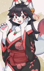 1girl absurdres animal_ears black_hair blush breasts cleavage commission fox_ears fox_girl fox_tail furry furry_female hand_on_own_cheek hand_on_own_face highres large_breasts long_hair looking_at_viewer open_mouth original red_eyes ryuusui_arumo skeb_commission smile solo tail