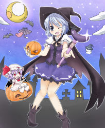 Rule 34 | 2girls, alternate costume, bat wings, blue eyes, blue hair, bow, cape, eggplant, fang, female focus, hachimi, halloween, hat, hat ribbon, highres, jack-o&#039;-lantern, karakasa obake, multiple girls, open mouth, pumpkin, red eyes, remilia scarlet, ribbon, short hair, skirt, smile, tatara kogasa, tongue, touhou, umbrella, wand, wings, wink, witch hat