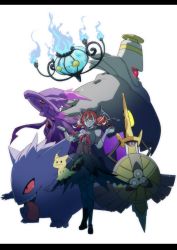Rule 34 | 1girl, absurdres, aegislash, asymmetrical footwear, bandaged arm, bandaged leg, bandages, black bow, bow, chandelure, colored skin, creatures (company), crossover, double bun, dress, dusknoir, floating, full body, game freak, gen 1 pokemon, gen 4 pokemon, gen 5 pokemon, gen 6 pokemon, gen 7 pokemon, gengar, glowing, glowing eye, grey skin, hair bow, hair bun, hands up, height difference, highres, hololive, hololive indonesia, kureiji ollie, layered dress, legs together, looking at viewer, mimikyu, mismagius, mismatched footwear, multicolored skin, nintendo, open mouth, patchwork skin, pokemon, pokemon (creature), potato pot, red eyes, red hair, simple background, slit pupils, smile, standing, stitched arm, stitched face, stitched leg, stitched torso, stitches, tongue, tongue out, torn clothes, torn dress, two-tone skin, undead, virtual youtuber, white background, white hair, zombie