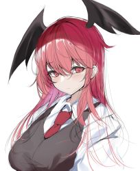 Rule 34 | 1girl, black vest, breasts, closed mouth, hair between eyes, head wings, itsudatte 8ban, koakuma, large breasts, light blush, light smile, long hair, looking at viewer, necktie, one-hour drawing challenge, red eyes, red hair, red necktie, shirt, simple background, sketch, solo, touhou, upper body, vest, white background, white shirt, wing collar, wings