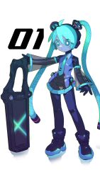Rule 34 | absurdres, ahoge, android, aqua eyes, aqua hair, aqua necktie, black skirt, boots, bright pupils, cable, cheri zao, chromatic aberration, closed mouth, detached sleeves, expressionless, full body, hand on weapon, hatsune miku, hatsune miku (vocaloid3), highres, index finger raised, joints, mechanical parts, miniskirt, necktie, number tattoo, outstretched arm, planted, pleated skirt, robot joints, see-through, see-through skirt, see-through sleeves, simple background, skirt, standing, tattoo, tie clip, vocaloid, weapon, white background, white pupils, wide sleeves