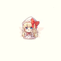 Rule 34 | 1girl, blonde hair, blue eyes, blush, capelet, chibi, dress, fairy, fairy wings, hat, highres, lily white, long hair, long sleeves, simple background, solo, suna sen, touhou, white background, white capelet, white dress, white hat, wide sleeves, wings