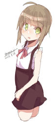 Rule 34 | 1girl, :d, ahoge, blush, brown skirt, collared shirt, cropped legs, dated, green eyes, head tilt, light brown hair, looking at viewer, looking to the side, maze (gochama ze gohan), neck ribbon, open mouth, original, red ribbon, ribbon, shirt, sidelocks, signature, simple background, sketch, skirt, sleeveless, sleeveless shirt, smile, solo, suspender skirt, suspenders, white background, white shirt