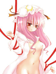 Rule 34 | 1girl, breasts, catbell, crescent, expressionless, female focus, hat, long hair, navel, nipples, open clothes, open robe, open shirt, orange eyes, out-of-frame censoring, patchouli knowledge, pink hair, ribbon, robe, shirt, small breasts, solo, touhou