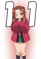 Rule 34 | 1girl, birthday, black bow, black socks, bow, brown eyes, brown hair, dated, girls und panzer, green skirt, grin, hair bow, hanten (clothes), highres, jacket, kadotani anzu, kneehighs, long hair, long sleeves, looking at viewer, miniskirt, nao (nao puku777), ooarai school uniform, parted bangs, pleated skirt, red jacket, school uniform, shirt, skirt, sleeves past fingers, sleeves past wrists, smile, socks, solo, standing, twintails, white shirt